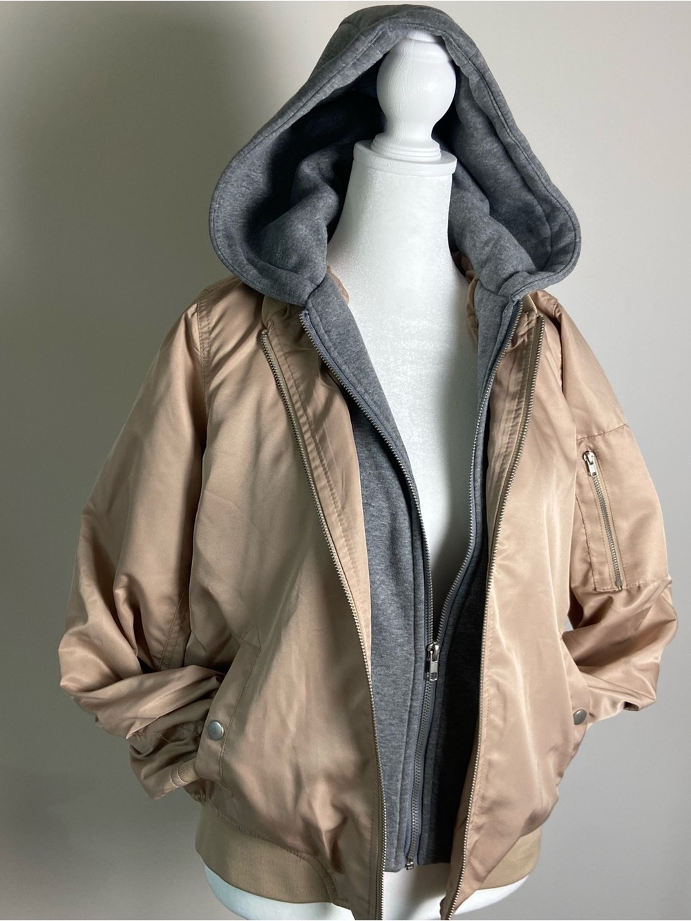Forever 21 Beige Bomber Jacket with Gray Hoodie Layer